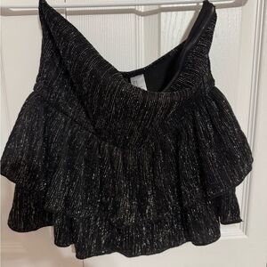H&M Black Shiny Strapless Ruffle Blouse | Metallic Off-Shoulder Top | Medium